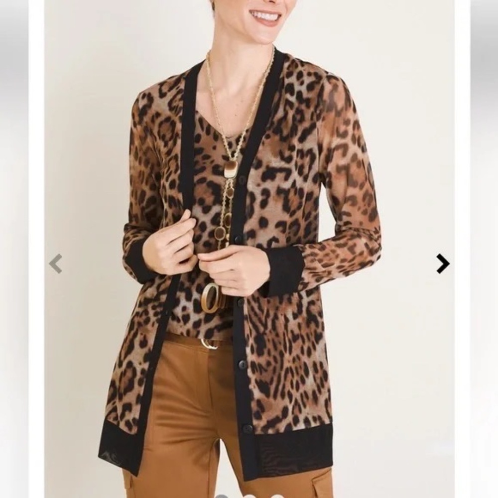 Chico's Size 3 Brown Black Leopard Animal Print Sheer Cardigan Women's Size XL